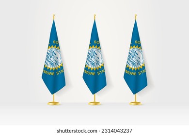 Three South Dakota flags in a row on a golden stand, illustration of press conference and other meetings. Vector illustration.