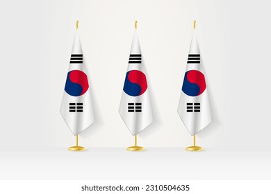 Three South Korea flags in a row on a golden stand, illustration of press conference and other meetings. Vector illustration.
