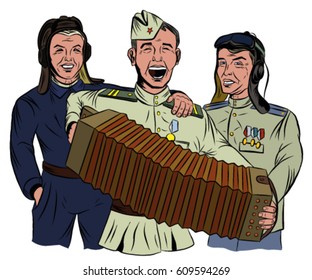 Three Soviet soldiers sing and play the accordion