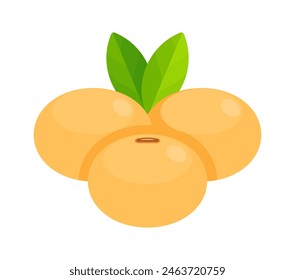 Three soybeans with green leaves. Flat icon isolated on white background. Plant-based protein concept for vegan diet. Perfect for use in food packaging and nutritional guides