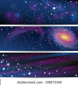 Three Space Backgrounds. EPS 10. Masks were used, so you can move objects and use them separately.  Smartly grouped and layered.