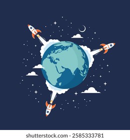 Three space rockets launch from different sides of the Earth globe into space, vector flat illustration