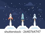 Three space rockets launching into the starry universe. Flat vector illustration