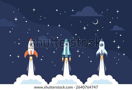 Three space rockets launching into the starry universe. Flat vector illustration