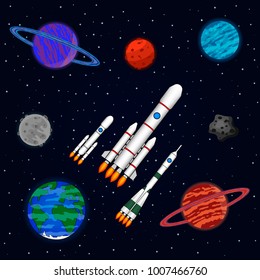 Three space ships fly in interstellar space. Space ships, planets, meteorites, planet Earth. Vector illustration on a theme space