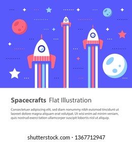 Three spacecrafts flying in space among stars and planets, space race, children flat illustration