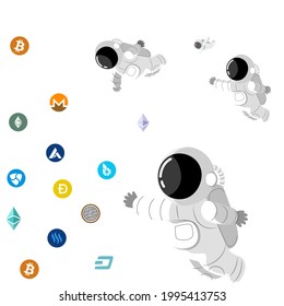 three spaceman are floating in space surrounded by crypto coins. Concept of saving money in space with cryptocurrencies