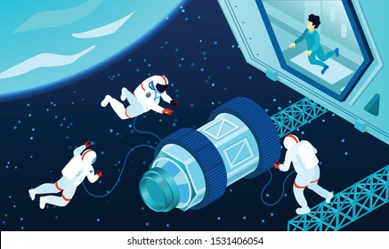 Three spacemen near cosmic station in outer space 3d isometric vector illustration