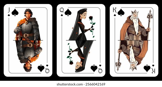 Three spade cards in cartoon style, jack of spades, queen of spades, king of spades. Vector illustration