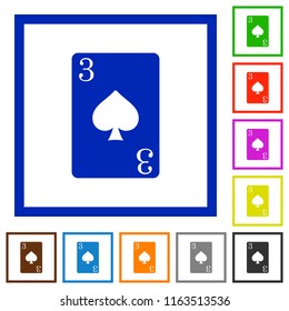 Three of spades card flat color icons in square frames on white background