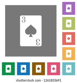 Three of spades card flat icons on simple color square backgrounds