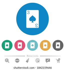 Three of spades card flat white icons on round color backgrounds. 6 bonus icons included.