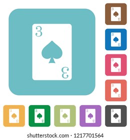 Three of spades card white flat icons on color rounded square backgrounds