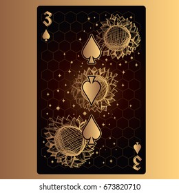 Three of spades. Playing card with original design on the theme of space.