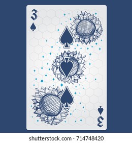 Three of spades. Playing card with original design on the theme of space.