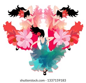 Three Spanish girls dressed in beautiful dresses and flamenco dance with flying shawls in the shape of flying birds.