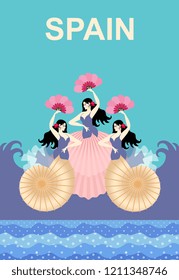 Three Spanish girls in the form of mermaids, and with fans in their hands, dancing flamenco against the ocean. Sea shells. Place for text. Beautiful banner.