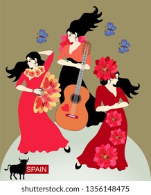 Three spanish woman - musician and flamenco daners - are posing on green backgrouned. Vertical card, banner.