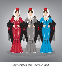 three spanish women wearing madrid traditional dress for festival of San Isidro