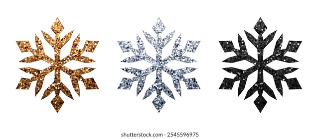 Three sparkling snowflakes in gold, silver, and black, set against a white background. Each snowflake design features a unique, angular geometric style for festive winter themes.