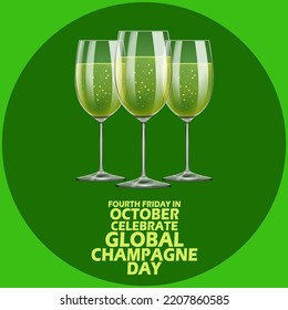 Three sparkling wine with bold text on a dark green background to celebrate Global Champagne Day on the Fourth Friday in October