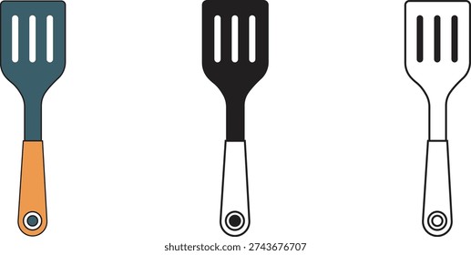 Three spatula illustrations in line art solid black and blue variations for culinary design projects vector Illustration.