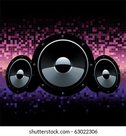 Three speakers with a background color behind.