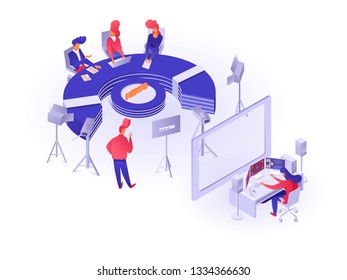 Three speakers sitting near big round table and one camera man broadcasting live in high tech room. Coordinator sitting at control panel vector illustration. Studio interior. Isolated on white