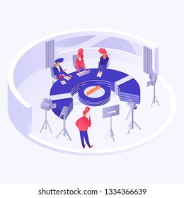 Three speakers sitting near big round table and camera man broadcasting live in high tech room vector illustration. Telecasting studio interior concept. Isolated on white