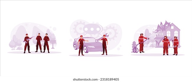 Three special soldiers are conducting war training. Two mechanics argue over a car breakdown. Firefighters struggle to put out a fire in a house. Concept of work and events. Trend Modern vector flat