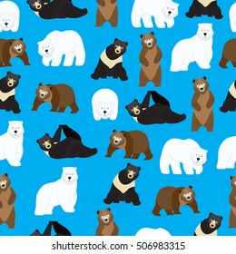  Three species of bears on blue background pattern. Animal seamless pattern design. 