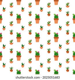 Three species of green cactus in three types of pots on a white background. Vector illustration flat design in seamless style For use as a fabric pattern, gift wrapping paper , kids card or wallpapers