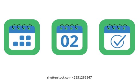 Three specific day calendar vector flat icons in blue color with green background. Calendar icon for websites, blogs and graphic resources, icon with day 02.