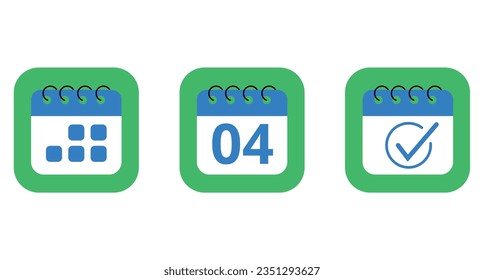 Three specific day calendar vector flat icons in blue color with green background. Calendar icon for websites, blogs and graphic resources, icon with day 04.