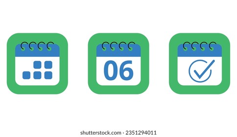 Three specific day calendar vector flat icons in blue color with green background. Calendar icon for websites, blogs and graphic resources, icon with day 06.