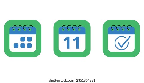 Three specific day calendar vector flat icons in blue color with green background. Calendar icon for websites, blogs and graphic resources, icon with day 11.