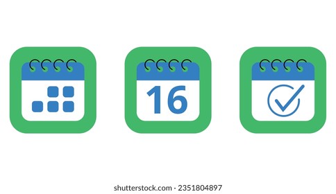 Three specific day calendar vector flat icons in blue color with green background. Calendar icon for websites, blogs and graphic resources, icon with day 16.