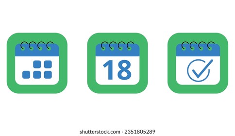 Three specific day calendar vector flat icons in blue color with green background. Calendar icon for websites, blogs and graphic resources, icon with day 18.