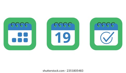 Three specific day calendar vector flat icons in blue color with green background. Calendar icon for websites, blogs and graphic resources, icon with day 19.