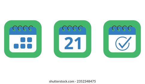 Three specific day calendar vector flat icons in blue color with green background. Calendar icon for websites, blogs and graphic resources, icon with day 21.
