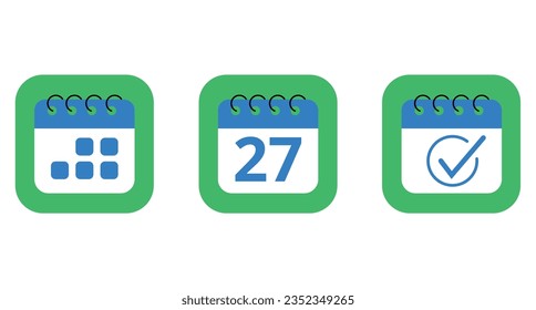 Three specific day calendar vector flat icons in blue color with green background. Calendar icon for websites, blogs and graphic resources, icon with day 27.