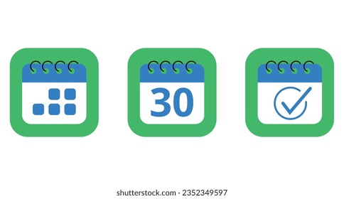 Three specific day calendar vector flat icons in blue color with green background. Calendar icon for websites, blogs and graphic resources, icon with day 30.
