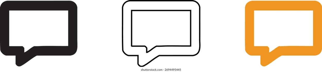 Tres iconos de la burbuja del discurso en negro, contorno y naranja, que representan la comunicación y los mensajes sobre un fondo blanco.