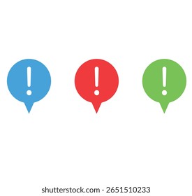 Three speech bubble icons with exclamation marks in blue, red, and green, arranged horizontally, representing alerts, attention, or expressive communication symbols