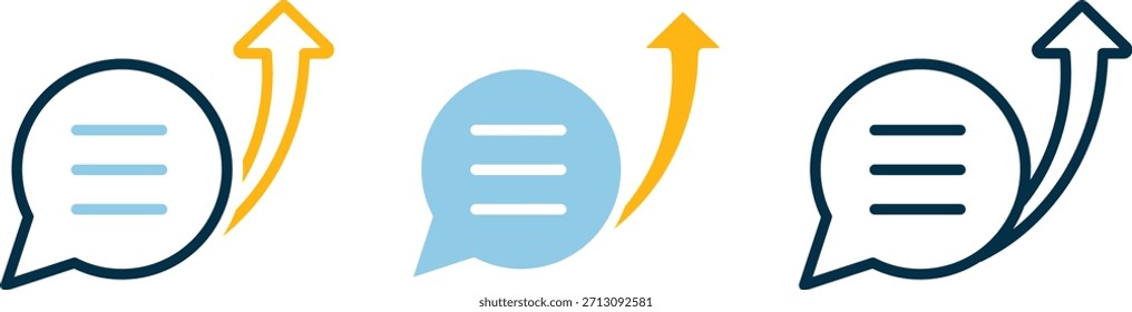 Three speech bubble icons with upward arrows and text lines, symbolizing communication, feedback, and growth. Ideal for messaging platforms, business visuals, and productivity themes.