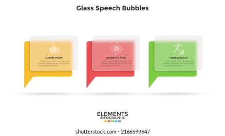 Three speech bubbles behind translucent rectangular elements placed in horizontal row. Concept of 3 features of clear speaking. Minimal infographic design template. Modern flat vector illustration.