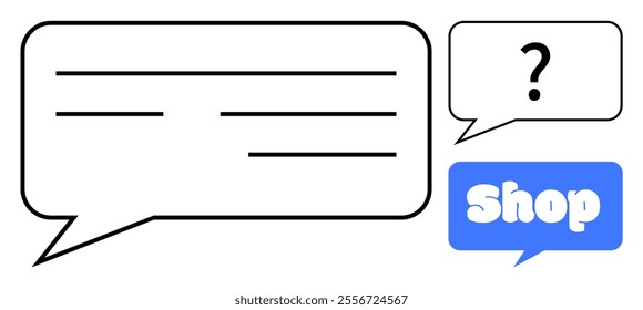 Three speech bubbles with black outlines. One features text lines. Another shows a question mark. The third has the word shop in white inside a blue bubble. Ideal for communication, customer service