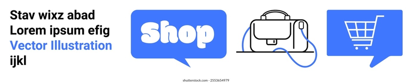 Three speech bubbles in blue illustrate the word Shop a handbag and a shopping cart. Text in a distinct font. Ideal for online shopping e-commerce marketing retail advertising and web design. Landing