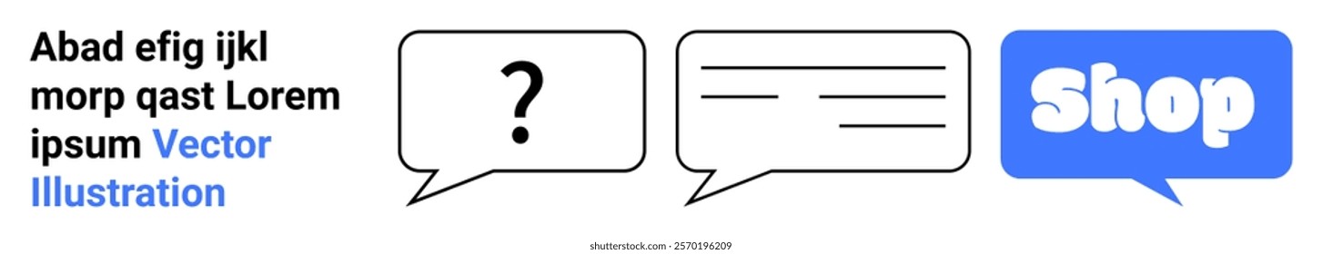 Three speech bubbles including a question mark, text lines, and a shop button. Ideal for ecommerce, customer support, online shopping, digital communication, and web banners. Banner for landing page