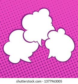 Three Speech Bubbles on Pink Neon Background with Dots , Conversation in Retro Style on Pop Art Background, Vector Illustration